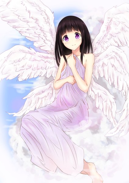 Anime picture 2039x2894 with hyouka kyoto animation chitanda eru single long hair tall image looking at viewer blush highres black hair purple eyes cloud (clouds) girl wings