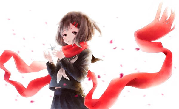 Anime picture 5250x3219 with kagerou project shaft (studio) tateyama ayano ame (pixiv) single long hair fringe highres simple background smile brown hair wide image standing white background brown eyes absurdres long sleeves pleated skirt wind girl