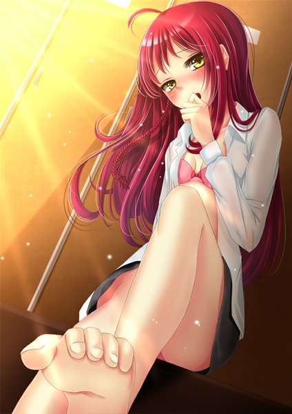 Anime picture 778x1100 with hataraku maou-sama! white fox yusa emi toshi (1-147) single long hair tall image looking at viewer blush light erotic yellow eyes ahoge red hair barefoot open clothes open shirt legs girl skirt