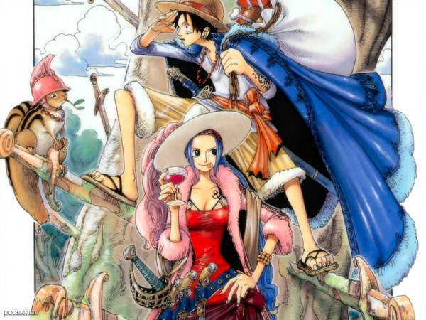 Anime picture 1024x768 with one piece toei animation monkey d. luffy nefertari vivi oda eiichirou long hair fringe short hair breasts black hair standing holding blue hair looking away cleavage cloud (clouds) bent knee (knees) outdoors parted lips profile