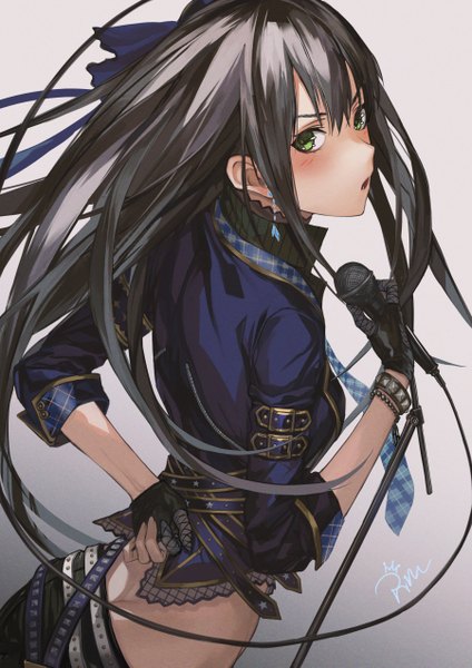Anime picture 900x1273 with idolmaster idolmaster cinderella girls idolmaster cinderella girls starlight stage shibuya rin infukun single long hair tall image looking at viewer fringe open mouth black hair simple background hair between eyes holding green eyes cleavage upper body profile looking back