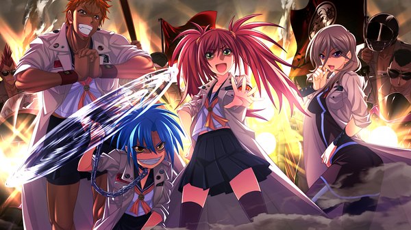 Anime picture 1000x563 with tsujidou-san no junai road long hair short hair open mouth smile wide image twintails purple eyes multiple girls green eyes yellow eyes blue hair game cg red hair grey hair multiple boys girl thighhighs boy skirt