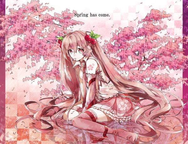 Anime picture 1610x1238 with vocaloid hatsune miku sakura miku wonoco0916 single looking at viewer sitting twintails bare shoulders pink hair very long hair pink eyes inscription cherry blossoms checkered background girl detached sleeves petals food thigh boots