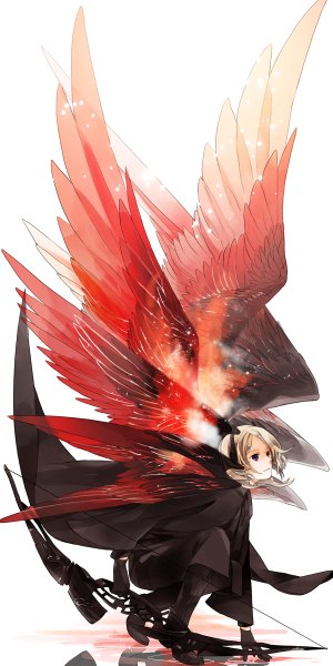 Anime picture 600x1200 with original pixiv fantasia pixiv fantasia fallen kings pa (itapa613) single tall image short hair simple background blonde hair red eyes white background horn (horns) reflection squat multiple wings girl gloves weapon wings black gloves
