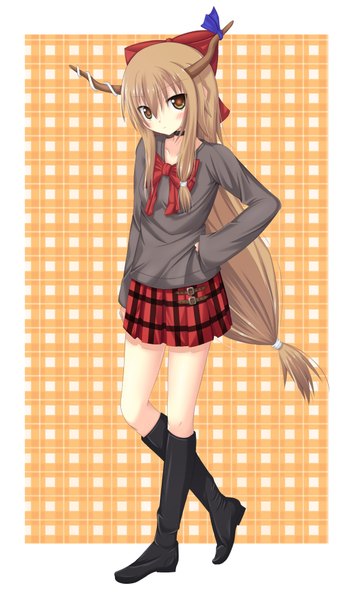 Anime picture 1192x2000 with touhou ibuki suika yoye (pastel white) single long hair tall image brown hair yellow eyes full body horn (horns) hand on hip border low ponytail outside border girl skirt bow hair bow miniskirt boots