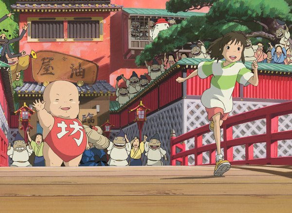 Anime picture 1772x1299 with spirited away studio ghibli ogino chihiro boh makkurokurosuke yubaba kamajii daikon (spirited away) highres open mouth blonde hair smile brown hair ponytail inscription back happy spread arms running girl