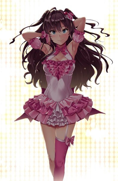 Anime picture 1900x2900 with idolmaster idolmaster cinderella girls ichinose shiki nishi (count2.4) single long hair tall image looking at viewer blush fringe highres breasts blue eyes simple background hair between eyes brown hair large breasts standing bare shoulders cleavage