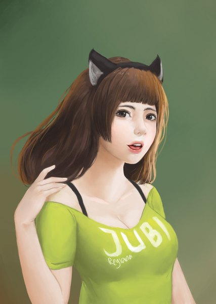 Anime picture 900x1265 with original hana (jubi) jubi (regiana) single long hair tall image looking at viewer fringe open mouth light erotic simple background brown hair bare shoulders brown eyes signed animal ears upper body blunt bangs arm up cat ears