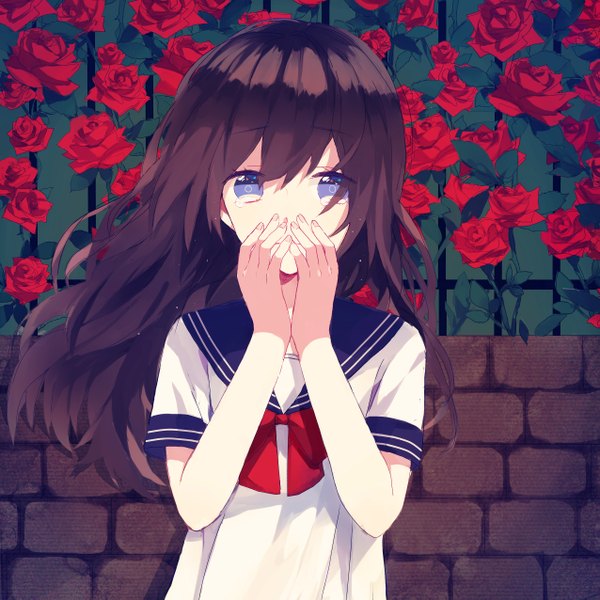 Anime picture 2551x2551 with original me (1005646017) single long hair fringe highres brown hair purple eyes fingernails covering covered mouth girl uniform flower (flowers) plant (plants) serafuku rose (roses) red rose teardrop wall