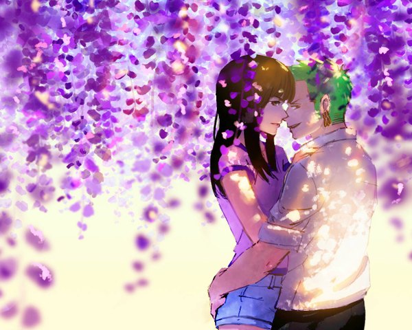 Anime picture 1280x1024 with one piece toei animation nico robin roronoa zoro totsukitouka looking at viewer fringe short hair black hair smile profile green hair black eyes sunlight couple hug almost kiss girl boy flower (flowers)