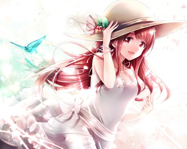 Anime picture 956x765 with idolmaster idolmaster million live! tanaka kotoha ima (lm ew) single long hair open mouth smile red eyes white background bare shoulders red hair girl dress bow hat petals frills bracelet white dress