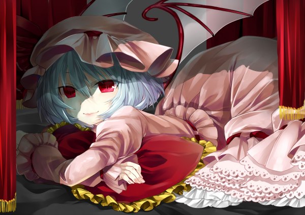 Anime picture 1200x848 with touhou remilia scarlet tanimo single looking at viewer short hair red eyes silver hair lying girl dress wings pillow bonnet