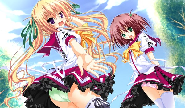 Anime picture 1024x600 with sora to kumo to kimi no koi long hair blush short hair open mouth light erotic blonde hair wide image purple eyes twintails multiple girls green eyes game cg red hair girl thighhighs uniform underwear panties ribbon (ribbons)