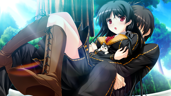 Anime picture 2560x1440 with shinigami no testament ichinose yua makita maki long hair blush highres open mouth black hair red eyes wide image game cg girl uniform school uniform boots cat