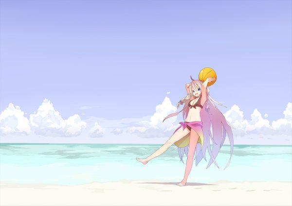 Anime picture 1400x991 with vocaloid ia (vocaloid) tomioka jirou single long hair looking at viewer open mouth blue eyes light erotic blonde hair sky cloud (clouds) barefoot beach horizon girl navel swimsuit bikini sea