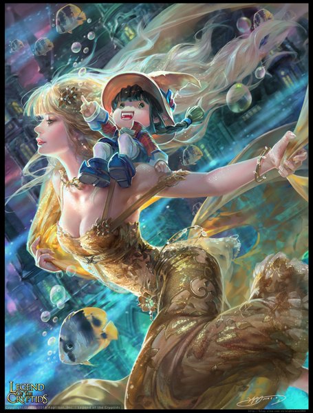 Anime picture 1139x1500 with legend of the cryptids yu-han long hair tall image fringe breasts black hair blonde hair smile cleavage profile lips black eyes girl dress animal bracelet bubble (bubbles) fish (fishes) yellow dress