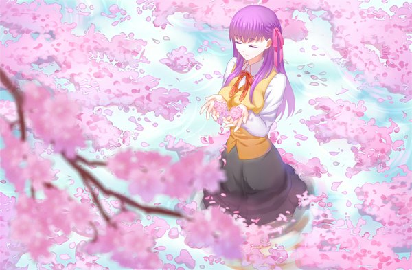 Anime picture 945x620 with fate (series) fate/stay night type-moon matou sakura mitsuki hana single long hair fringe breasts holding purple hair eyes closed from above partially submerged cherry blossoms reflection girl skirt flower (flowers) ribbon (ribbons)