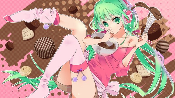 Anime picture 1920x1080 with vocaloid hatsune miku omucchan (omutyuan) single highres wide image twintails bare shoulders very long hair aqua eyes aqua hair finger to mouth girl thighhighs white thighhighs food shorts sweets headphones chocolate