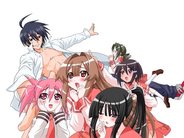 Anime picture 3200x2400 with seto no hanayome seto san edomae lunar zenigata mawari shiranui akeno michishio nagasumi highres white background ahoge