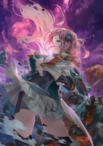 Anime picture 1000x1415 with starly girls tera (starly girls) baraba baba single long hair tall image breasts light erotic looking away pink hair sky cloud (clouds) long sleeves parted lips profile pleated skirt aqua eyes wind from behind blurry