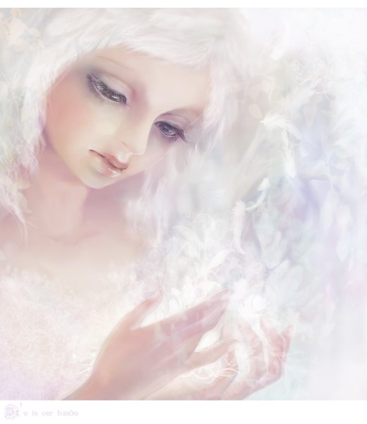 Anime picture 1254x1446 with original piyograph single long hair tall image bare shoulders white hair lips realistic inscription looking down portrait girl feather (feathers) hands