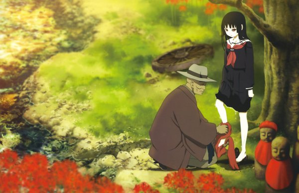 Anime picture 3231x2098 with hell girl studio deen enma ai wanyuudo highres black hair absurdres barefoot soles old man foot washing girl towel