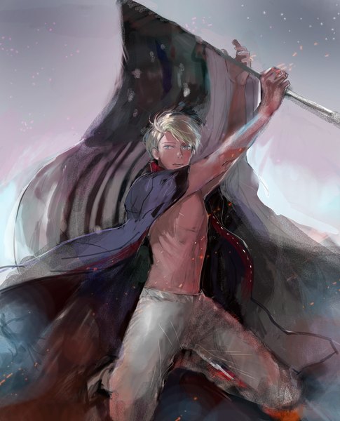 Anime picture 1500x1856 with axis powers hetalia studio deen america (hetalia) isudayo single tall image short hair open mouth blue eyes simple background blonde hair holding teeth bare belly kneeling boy cloak flag american flag