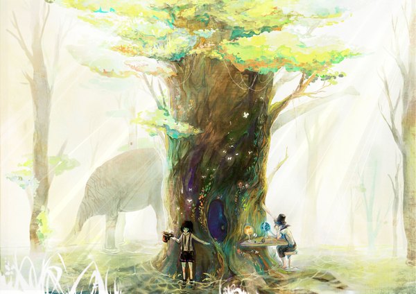 Anime picture 3507x2480 with original sarnath highres short hair black hair absurdres partially submerged ambiguous gender boy plant (plants) hat shirt tree (trees) water shorts white shirt insect butterfly table child (children)