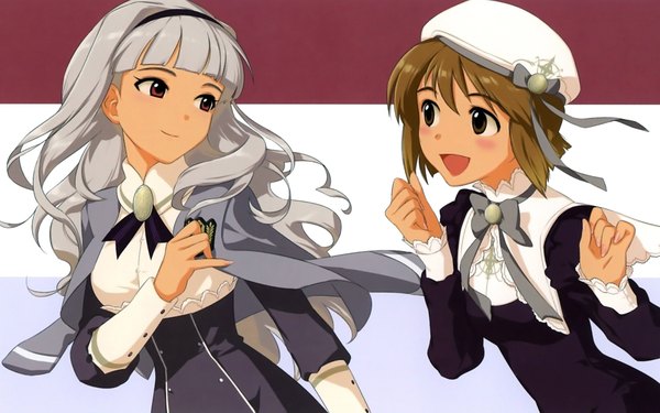 Anime picture 1920x1200 with idolmaster shijou takane hagiwara yukiho long hair blush highres short hair open mouth red eyes brown hair wide image multiple girls brown eyes silver hair light smile girl 2 girls hairband bowtie beret