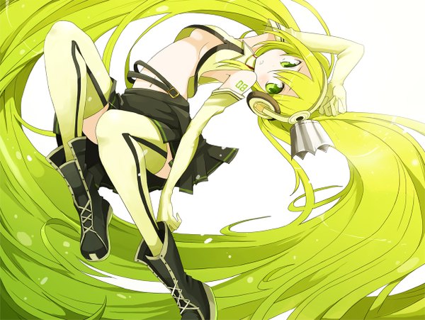 Anime picture 1220x918 with vocaloid hatsune miku tansuke single long hair blush simple background white background twintails green eyes very long hair pleated skirt multicolored hair green hair tattoo jumping girl thighhighs gloves navel