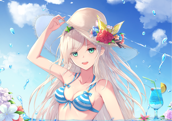 Anime picture 1169x828 with original fuuro (johnsonwade) single long hair looking at viewer blush fringe breasts open mouth light erotic smile sky cleavage cloud (clouds) upper body white hair arm up aqua eyes hair over one eye armpit (armpits)