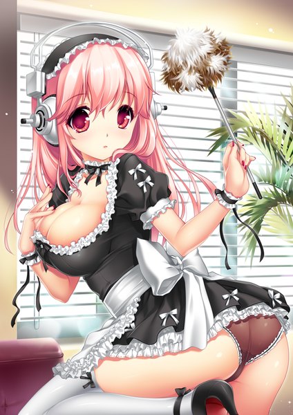 Anime picture 620x877 with nitroplus super sonico p.kibi single long hair tall image looking at viewer blush breasts light erotic red eyes large breasts pink hair cleavage nail polish pink eyes looking back maid alternate costume thighhighs