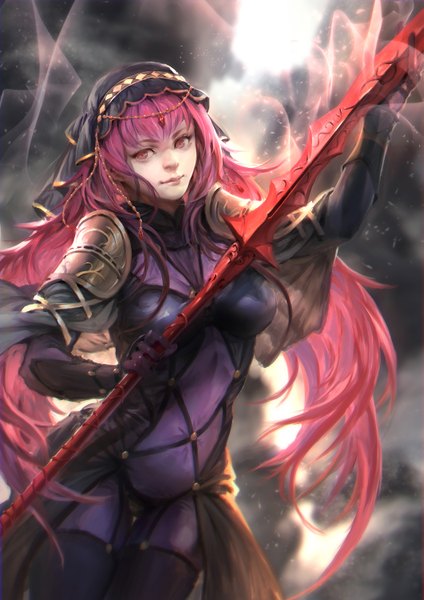 Anime picture 1061x1500 with fate (series) fate/grand order scathach (fate) (all) scathach (fate) xiansheng single long hair tall image looking at viewer fringe breasts red eyes holding pink hair arm up lips girl gloves hair ornament weapon