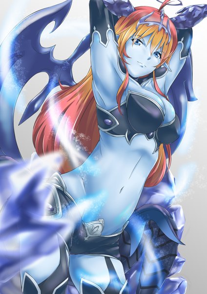 Anime picture 744x1052 with puzzle & dragons hella ys monite5 single long hair tall image looking at viewer blue eyes light erotic simple background red hair multicolored hair pointy ears orange hair two-tone hair armpit (armpits) magic blue skin girl thighhighs