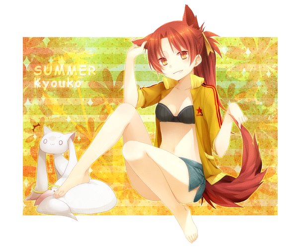 Anime picture 1756x1481 with mahou shoujo madoka magica shaft (studio) sakura kyouko kyuubee akira (ku0427) long hair highres light erotic smile animal ears red hair animal tail barefoot orange eyes girl skirt miniskirt