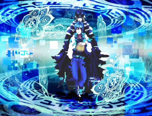Anime picture 2648x2011 with dramatical murder nitro+chiral aoba (dmmd) ren (dmmd) long hair highres smile yellow eyes blue hair magic hand in pocket boy jeans
