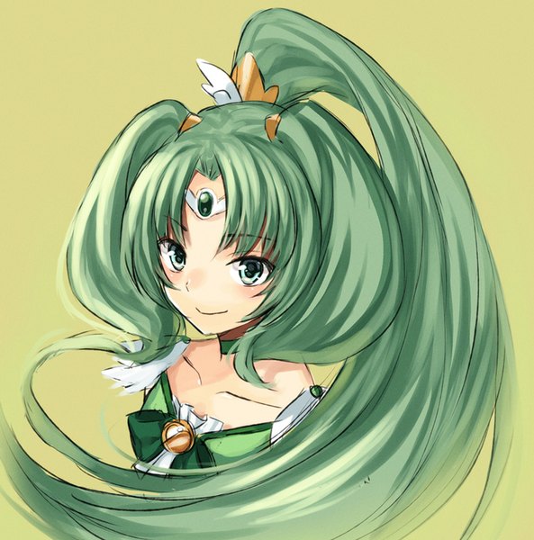 Anime picture 790x800 with precure smile precure! toei animation midorikawa nao cure march midorikawa you single long hair tall image looking at viewer blush simple background green eyes ponytail green hair from above portrait magical girl green background girl