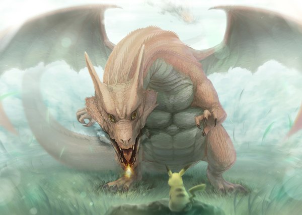 Anime picture 1500x1071 with pokemon nintendo pikachu charizard lif (lif-ppp) green eyes horn (horns) teeth fang (fangs) back gen 1 pokemon plant (plants) wings grass fire dragon claws