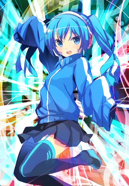 Anime picture 837x1200 with kagerou project shaft (studio) ene (kagerou project) 47agdragon single long hair tall image looking at viewer blush open mouth blue eyes twintails blue hair long sleeves jumping girl headphones thigh boots