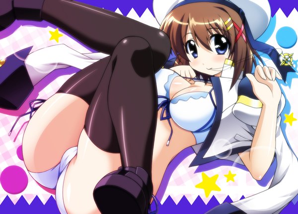 Anime picture 1261x907 with mahou shoujo lyrical nanoha yagami hayate chirorian (artist) short hair breasts blue eyes light erotic brown hair girl thighhighs underwear panties black thighhighs pendant x hair ornament