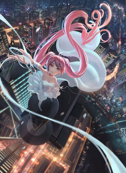 Anime picture 900x1226 with vocaloid hatsune miku sakura miku shon single tall image looking at viewer twintails bare shoulders pink hair ahoge very long hair pink eyes from above wind city outstretched hand girl dress ribbon (ribbons)