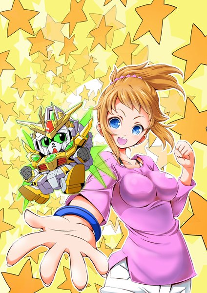 Anime picture 689x974 with mobile suit gundam gundam build fighters sunrise (studio) hoshino fumina mana12 single tall image looking at viewer blush short hair breasts open mouth blue eyes blonde hair smile outstretched arm girl star (symbol) clothes