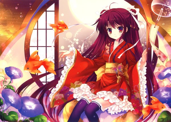 Anime picture 4598x3284 with original mitha single long hair highres red eyes absurdres red hair traditional clothes japanese clothes girl thighhighs flower (flowers) ribbon (ribbons) black thighhighs hair ribbon kimono obi bell fish (fishes)