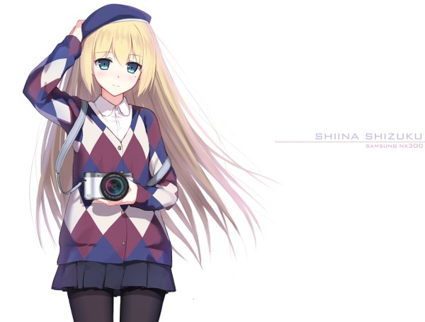 Anime picture 2500x1898 with original samsung shiina shizuku hagi (ame hagi) single long hair looking at viewer blush fringe highres blue eyes blonde hair simple background standing white background holding head tilt pleated skirt wind mole