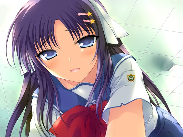 Anime picture 1200x900 with angel navigate nanahara ayaka blue eyes game cg purple hair girl serafuku