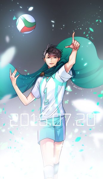 Anime picture 1749x3035 with haikyuu!! production i.g ooikawa tooru hakuma single tall image looking at viewer highres short hair open mouth brown hair brown eyes signed gradient background dated walking pointing boy uniform petals