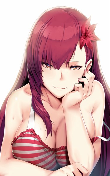 Anime picture 700x1120 with original hews single long hair tall image looking at viewer breasts light erotic white background brown eyes red hair girl hair ornament lingerie bra