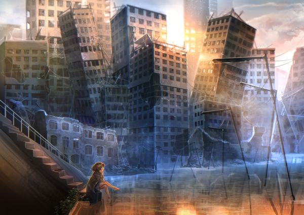Anime picture 1754x1240 with original viki-vaki single highres short hair brown hair sitting looking away sky cloud (clouds) profile barefoot sunlight blurry arm support bare legs crossed legs city evening reflection