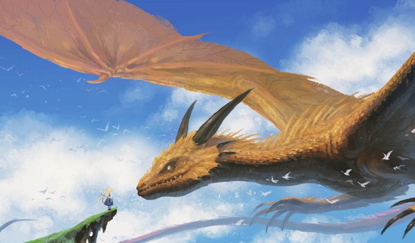 Anime picture 1703x1000 with dragon quest dragon quest vi mireyu seeker long hair highres short hair blonde hair wide image standing sky cloud (clouds) profile flying weightlessness dragon wings girl animal bird (birds) dragon