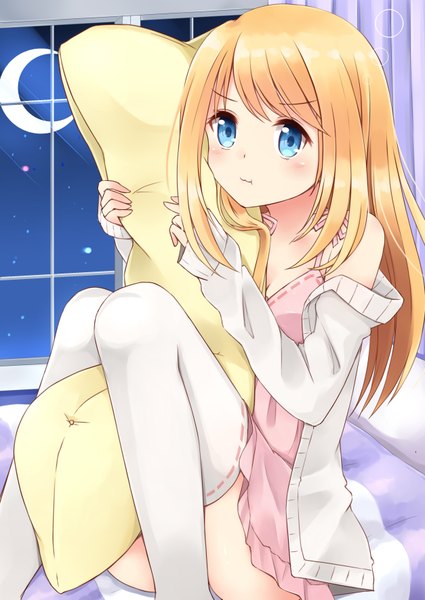 Anime picture 2507x3541 with girlfriend (kari) chloe lemaire nikitan single long hair tall image looking at viewer blush highres blue eyes blonde hair sitting holding bent knee (knees) indoors off shoulder between legs crescent knees touching knees together feet apart